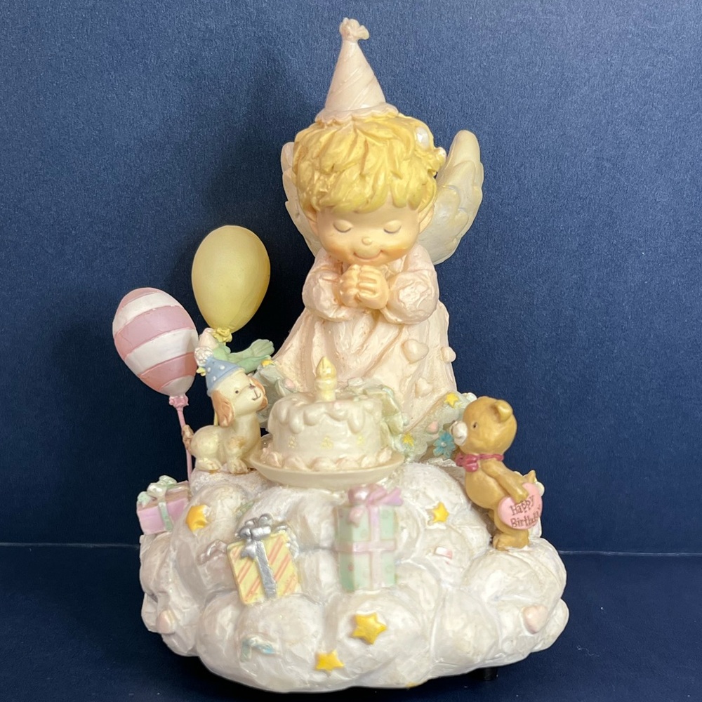 Vintage Sankyo Angel Birthday Music Box with Balloons, Animals, Gifts, and Cake